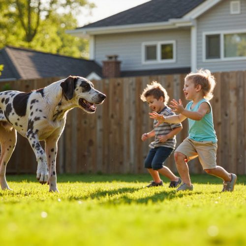 Great Dane playing with children in a sunny backyard, joyful atmosphere